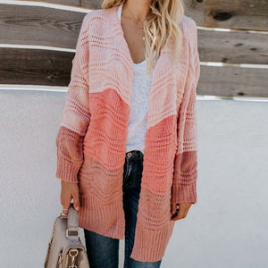 Patchwork Hit Color Knitted Long Sleeve Sweater Coat