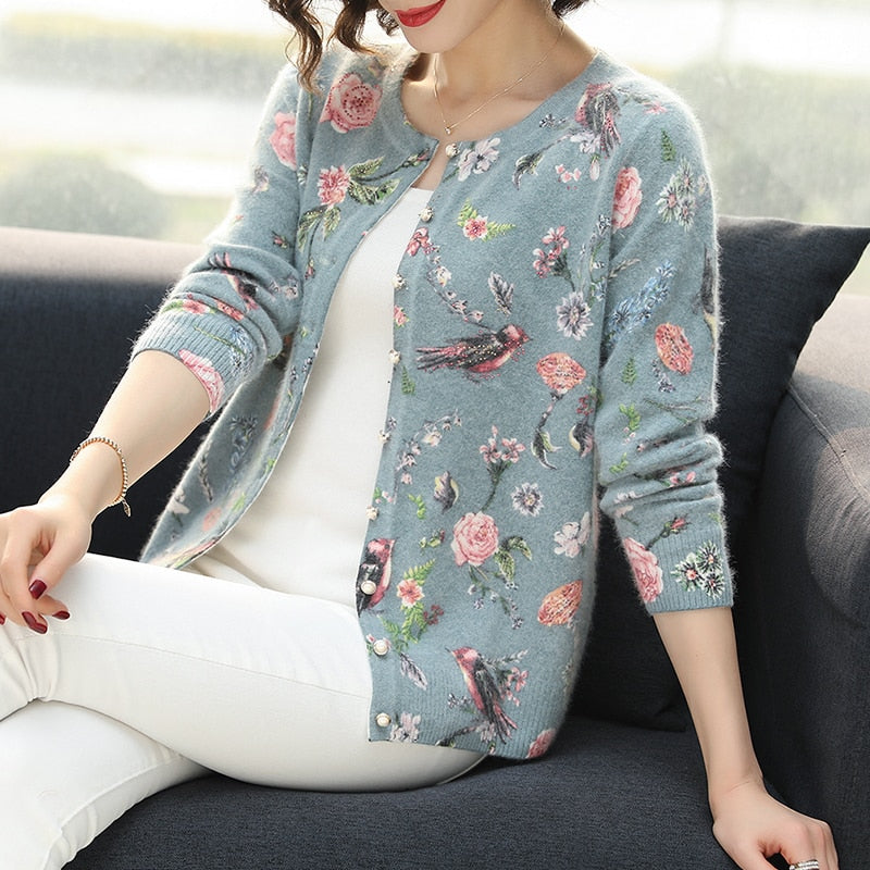 Cardigan Sweater Floral bird pattern Morningside Rural