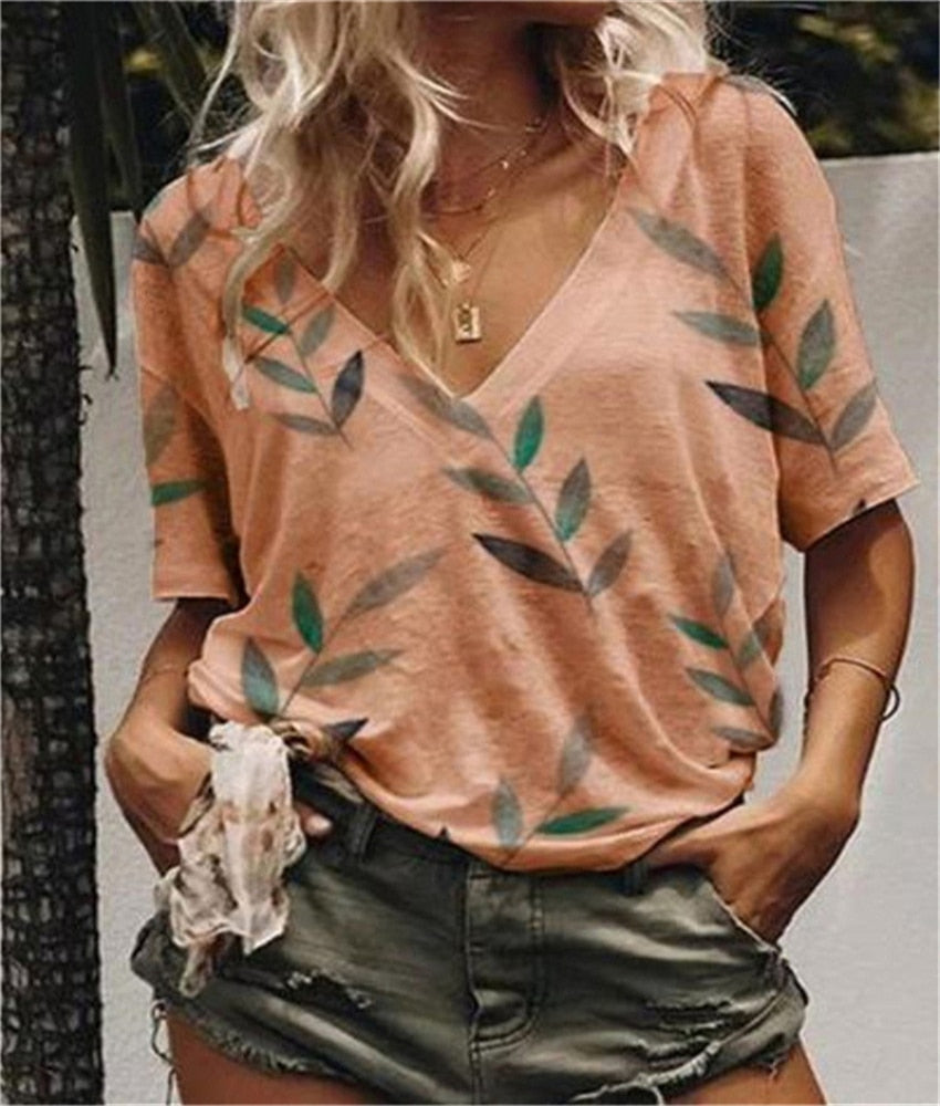 T Shirt V-Neck Leaf Print Top Tee - various colours