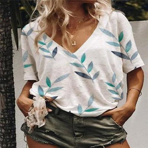 T Shirt V-Neck Leaf Print Top Tee - various colours