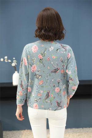 Cardigan-Sweater - Floral bird pattern