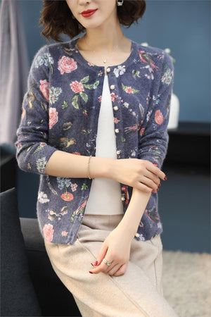 Cardigan-Sweater - Floral bird pattern